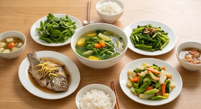 Bữa ăn gia đình ấm cúng với các món canh và thực phẩm được nấu chín kỹ bảo vệ đường ruột cho bé