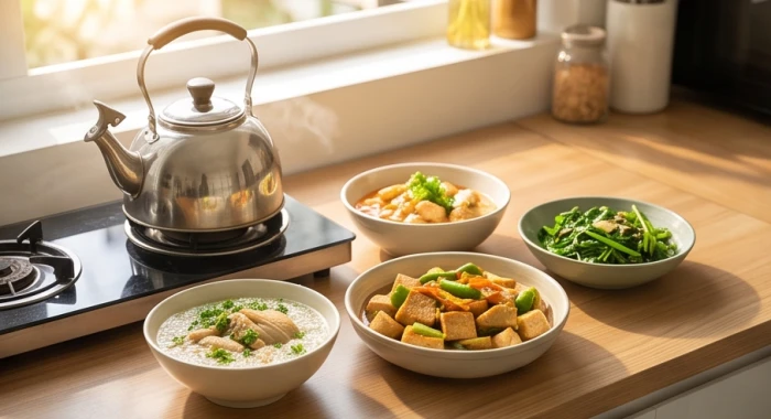 Ấm nước sôi và món ăn nóng hổi chế biến kỹ lưỡng trong gian bếp sạch sẽ bảo vệ hệ tiêu hóa