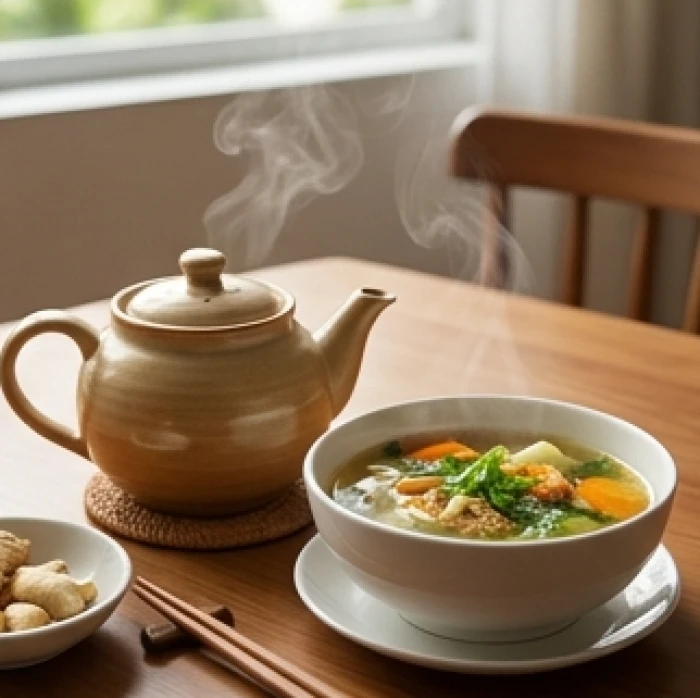 Thưởng thức trà thảo mộc nóng và thực phẩm nấu chín cẩn thận giúp người 66 tuổi bảo vệ đường ruột