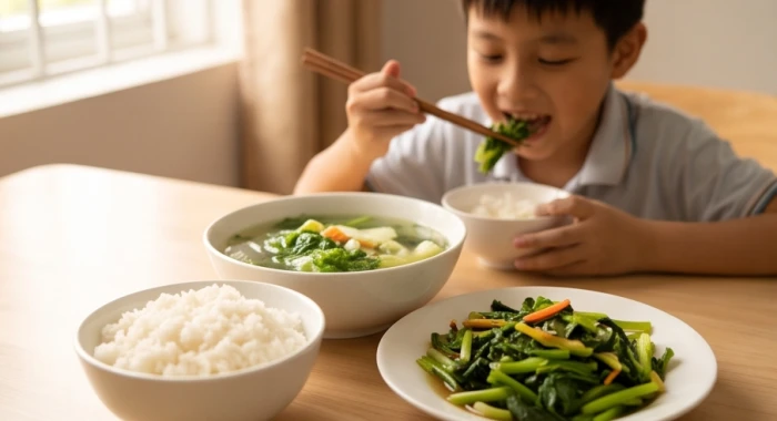 Bữa ăn gia đình ấm cúng với nhiều món rau xanh và canh dinh dưỡng cho trẻ nhỏ