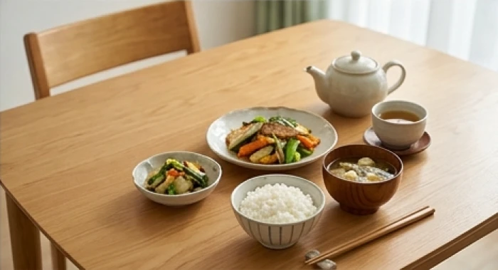 Khẩu phần ăn nhẹ đầy đủ dinh dưỡng bày đặt gọn gàng cùng ấm nước trà pha ấm trên bàn ăn