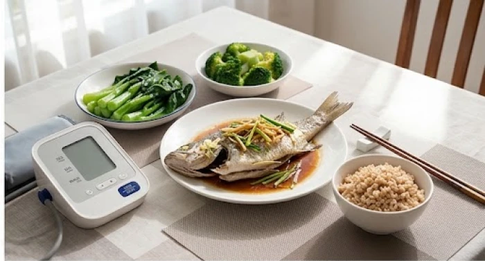 Bữa ăn thanh đạm với cá biển rau xanh hấp ít muối kèm máy đo huyết áp chăm sóc sức khỏe tuổi 75