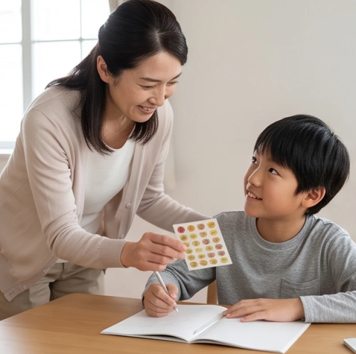 Người mẹ nhẹ nhàng mỉm cười và tặng một sticker khen ngợi khi con hoàn thành chặng bài tập đầu tiên