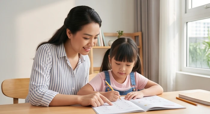 Người mẹ đồng hành chia nhỏ từng bài toán trên bàn học giúp bé gái tuổi Mậu Tuất giữ sự tập trung