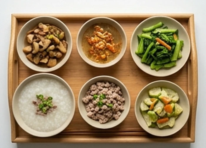 Khay thức ăn dinh dưỡng với các chén nhỏ chứa súp thịt băm và rau củ luộc mềm dành cho người cao tuổi