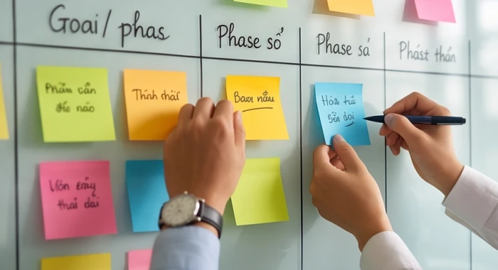 Bảng ghi chú với nhiều giấy nhớ màu sắc thể hiện kế hoạch công việc được chia nhỏ chi tiết