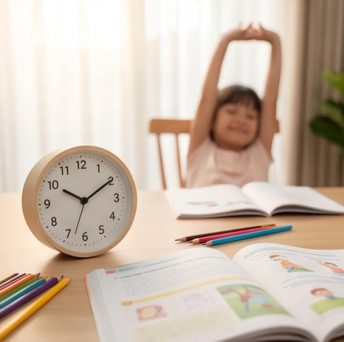 Chiếc đồng hồ để bàn nhỏ xinh bên cạnh sách vở nhắc nhở bé nghỉ giải lao 5 phút sau mỗi phiên học