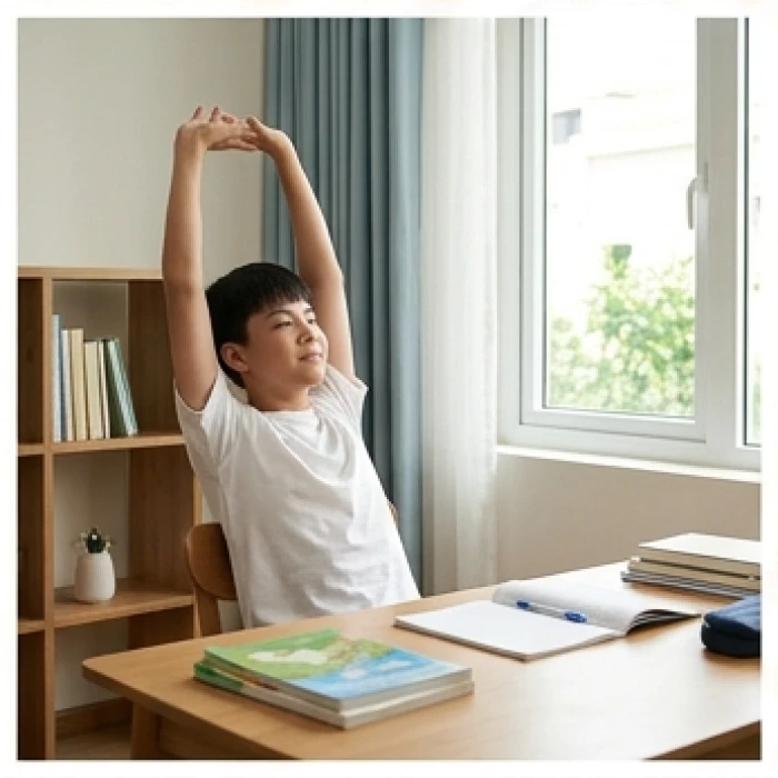Học sinh tuổi nhâm thìn vươn vai thư giãn ngay tại bàn sau mỗi đợt học tập trung ba mươi phút