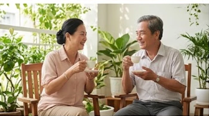 Cặp vợ chồng tuổi Quý Mão cùng trò chuyện và chia sẻ bận tâm cuộc sống bên tách trà buổi sáng tại sân vườn nhà