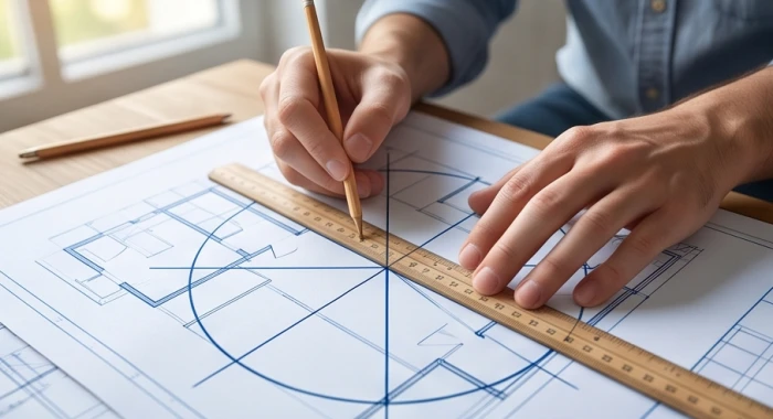 Bản vẽ mặt bằng căn hộ được kẻ đường chéo tìm tâm và chia thành 8 phương vị