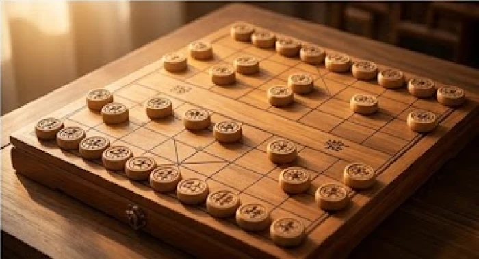 Bàn cờ tướng bằng gỗ quý với các quân cờ đang ở thế trận phòng thủ vững chắc