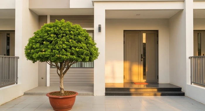 Chậu cây dáng gọn có tán lá được khống chế chiều cao dưới hai phần ba khung cửa chính nhà phố