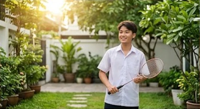 Học sinh nam thư giãn chơi cầu lông ngoài trời sau giờ ôn bài giúp cân bằng năng lượng và tái tạo sự tập trung