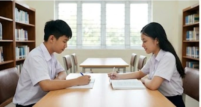 Đôi bạn học sinh nam và nữ thảo luận sách giáo khoa trong thư viện trường với sự điềm tĩnh