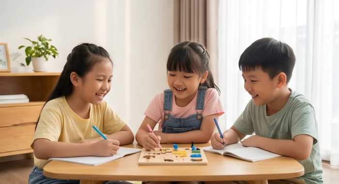 Nhóm bạn nhỏ Đinh Dậu 2017 cùng các em sinh năm 2019 và 2020 chăm chú hợp tác làm bài tập nhóm