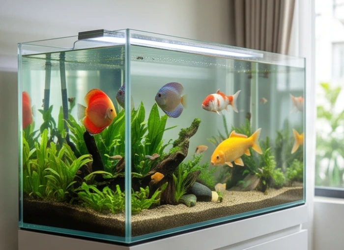Các giống cá rồng, cá chép koi và cá dĩa nhiều màu sắc bơi lội khỏe mạnh trong hồ thủy sinh