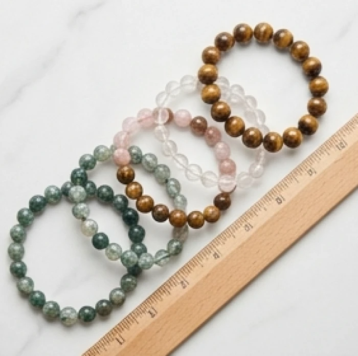 Các chuỗi vòng đá tự nhiên với nhiều kích cỡ hạt khác nhau đặt cạnh thước đo chuyên dụng