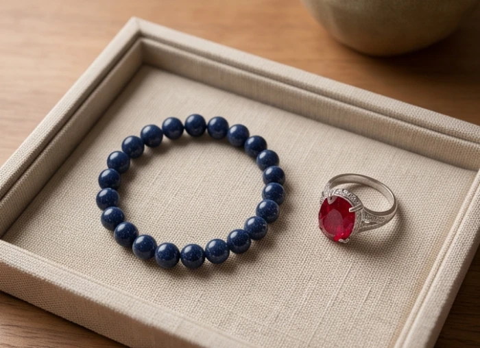 Khay gỗ trưng bày vòng tay sapphire xanh đen cho nam cung khảm và vòng đá ruby đỏ cho nữ cung cấn sinh năm 1981
