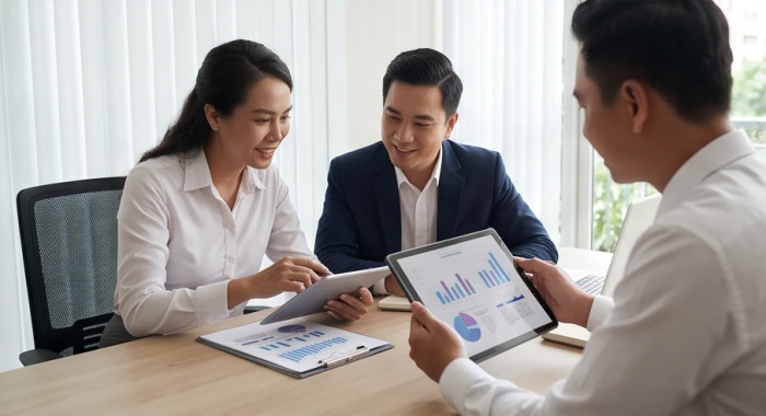Hai doanh nhân cùng thảo luận chiến lược hợp tác nhanh chóng trong dự án kinh doanh tại văn phòng
