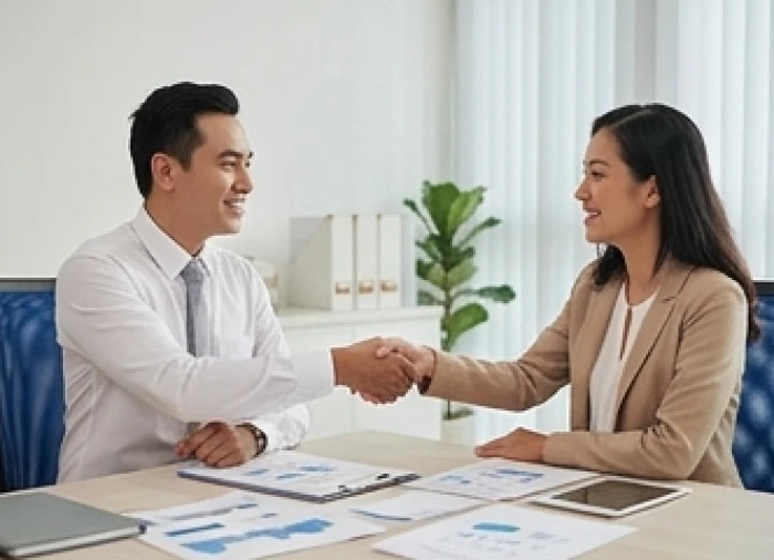 Hai đối tác kinh doanh bắt tay hợp tác vui vẻ sau khi thống nhất thỏa thuận