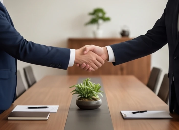 Hai doanh nhân đang bắt tay ký kết hợp đồng trong không gian phòng làm việc được bài trí chuẩn phong thủy ngũ hành