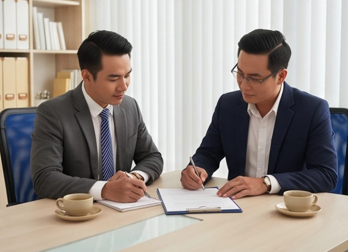 Hai đối tác làm ăn thảo luận minh bạch các điều khoản văn bản hợp đồng hợp tác kinh doanh nhằm giảm thiểu rủi ro tranh chấp