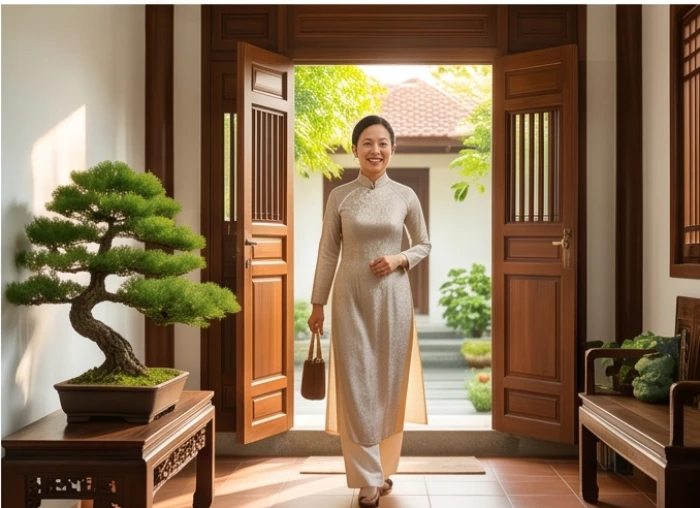 Người phụ nữ chuẩn bị trang phục chỉnh tề xuất hành làm việc vào khung giờ cát lành buổi sáng
