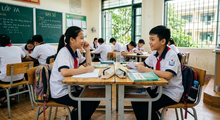 Học sinh chỉnh góc ngồi hơi lệch trên ghế để thoải mái trao đổi bài tập nhóm tại lớp học