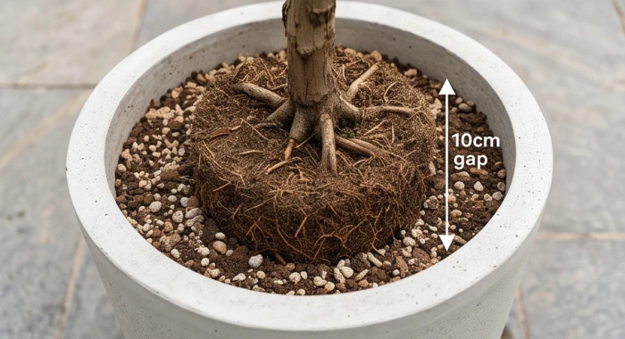 Chậu xi măng miệng rộng có khoảng hở 10cm quanh bầu rễ và lỗ thoát nước đáy lớn