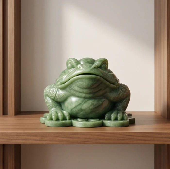 Tượng thiềm thừ đá tự nhiên ngọc bích chế tác cân đối theo tỷ lệ kệ gỗ trang trí phòng khách
