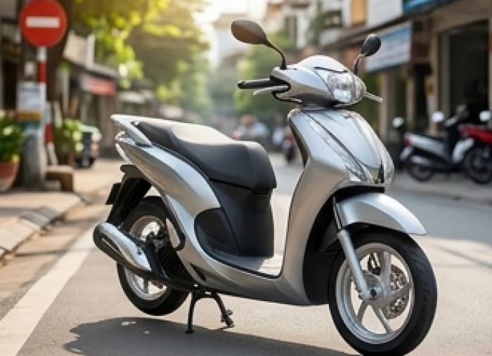 Chiếc xe tay ga màu bạc sáng bóng dừng đỗ an toàn trên con phố ngập tràn ánh nắng