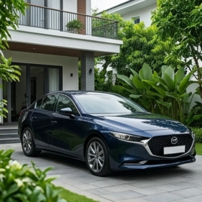 Chiếc xe hơi màu xanh đen sang trọng đỗ gọn gàng trước sân nhà yên tĩnh hợp màu tương sinh mệnh Mộc