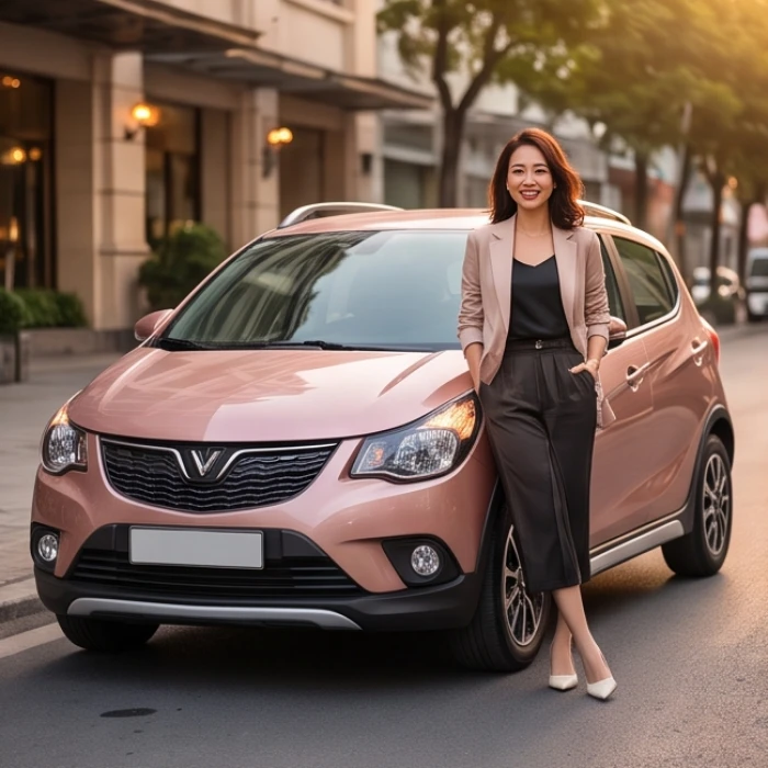 Người phụ nữ tuổi Dậu tự tin bên chiếc xe màu hồng cam phù hợp với cung phi bát trạch của nữ mạng.