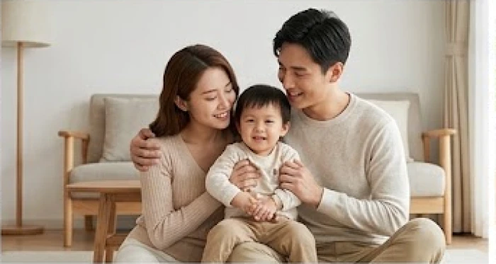Gia đình trẻ hạnh phúc bên con nhỏ trong phòng khách ấm cúng thể hiện sự cân bằng ngũ hành gia đạo