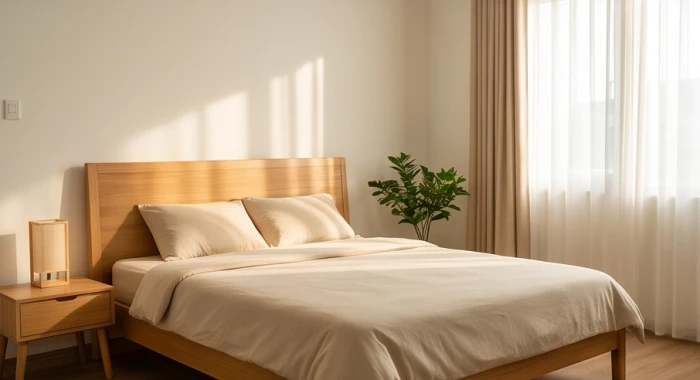 Không gian phòng ngủ gia đình bố trí hài hòa với cửa sổ đón nắng sớm hướng đông nam mang sinh khí hành mộc