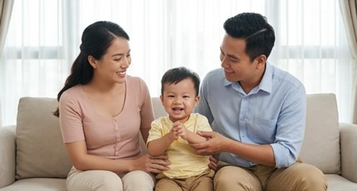 Gia đình nhỏ hạnh phúc quây quần trong phòng khách thể hiện năng lượng dung hòa từ tuổi con cái