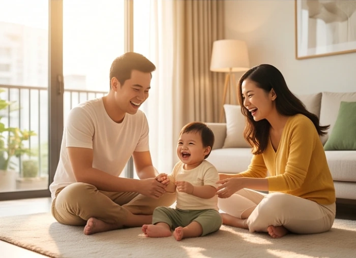Gia đình trẻ ba người hạnh phúc cười đùa cùng con nhỏ trong phòng khách ấm áp ngập tràn ánh nắng