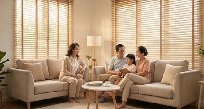 Không gian phòng khách gia đình êm ấm của bố mẹ tuổi tỵ và sửu cùng con nhỏ sinh năm dậu tương sinh hòa hợp