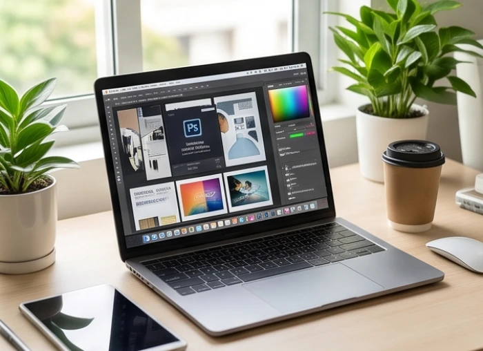 Góc làm việc hiện đại với laptop và tài liệu công nghệ thông tin cho người mệnh Tích Lịch Hỏa
