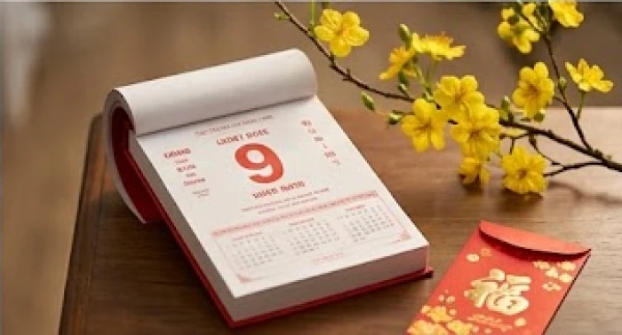 Cuốn lịch vạn niên và cành hoa mai vàng đặt trên bàn gỗ tượng trưng cho việc chọn ngày tốt để khởi sự