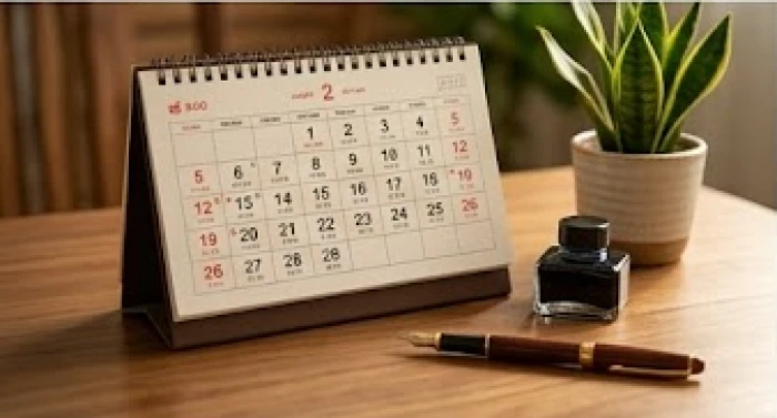 Cuốn lịch để bàn truyền thống mở ra ngày có hành Mộc cùng với cây bút mực đặt ngay ngắn bên cạnh