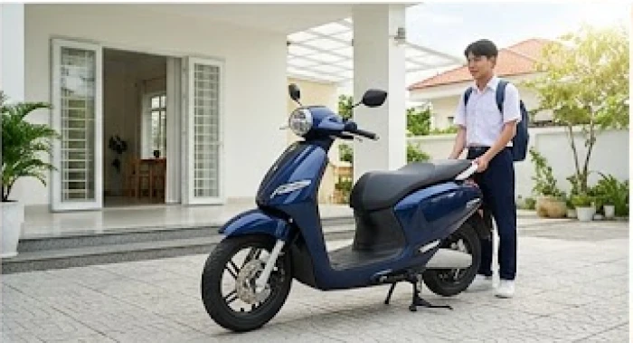 Học sinh cùng phụ huynh lựa chọn xe máy điện màu xanh dương tại cửa hàng vào buổi sáng sớm