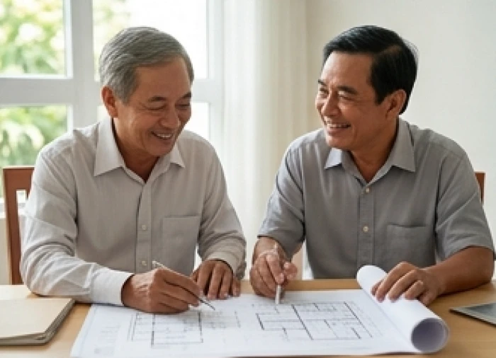 Hai người đàn ông lớn tuổi tươi cười cùng nhau xem bản vẽ thiết kế ngôi nhà thể hiện sự hòa hợp trong việc mượn tuổi