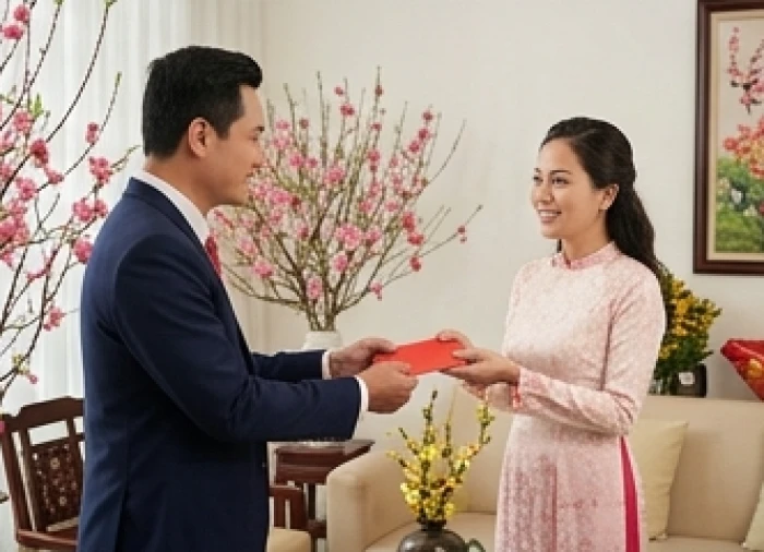 Khách quý tuổi Canh Thân 1980 đến xông nhà đầu năm trao bao lì xì may mắn cho gia chủ tuổi Thìn