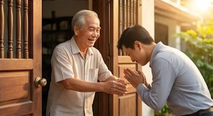 Gia chủ lớn tuổi vui vẻ đón khách đến xông đất chúc tết vào buổi sáng đầu năm mới
