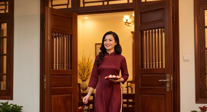 Một người khách mặc trang phục màu đỏ đang tươi cười bước qua cửa chính để xông đất đầu xuân
