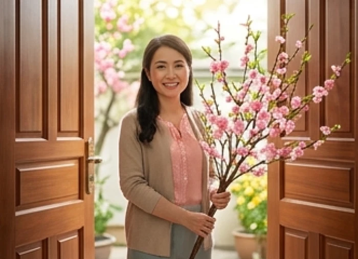 Vị khách cầm cành lộc xuân bước qua cửa chính mang theo nụ cười tươi tắn xông nhà sáng mùng một Tết