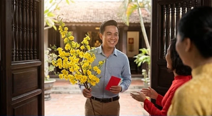 Vị khách xông nhà với nụ cười rạng rỡ mang theo cành mai vàng tươi thắm trao tặng gia chủ trong ngày đầu xuân