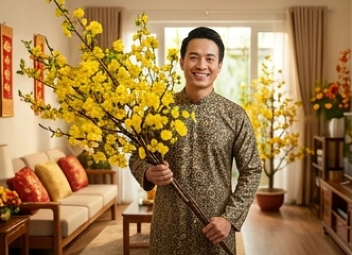 Người đàn ông mang theo cành mai vàng đến xông nhà chúc Tết đầu năm mới