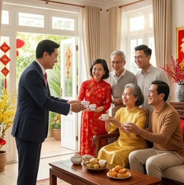 Gia chủ tuổi Sửu vui mừng đón tiếp người hợp tuổi đến xông nhà chúc Tết trong phòng khách ấm áp ngày đầu năm